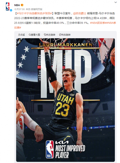 马尔卡宁当选最快进步球员！美家电视为您带来NBA本周直播赛程(图1)